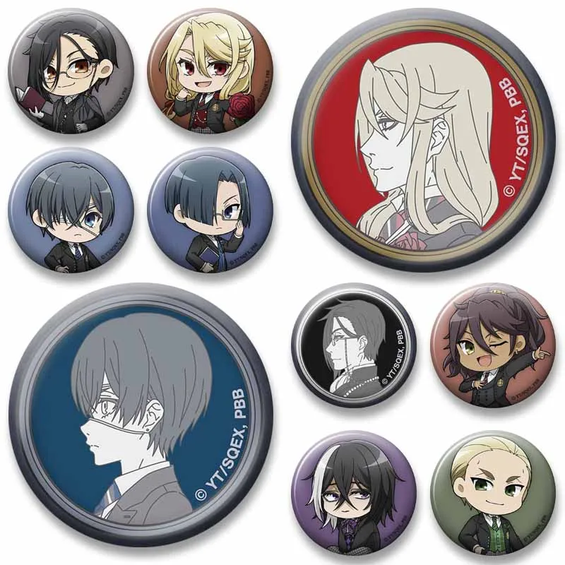 Anime Round Brooch Sebastian Grell Ciel Phantomhive Undertaker Gregory Violet Cartoon Badge Bag Clothes Jewlery Pins Accessories