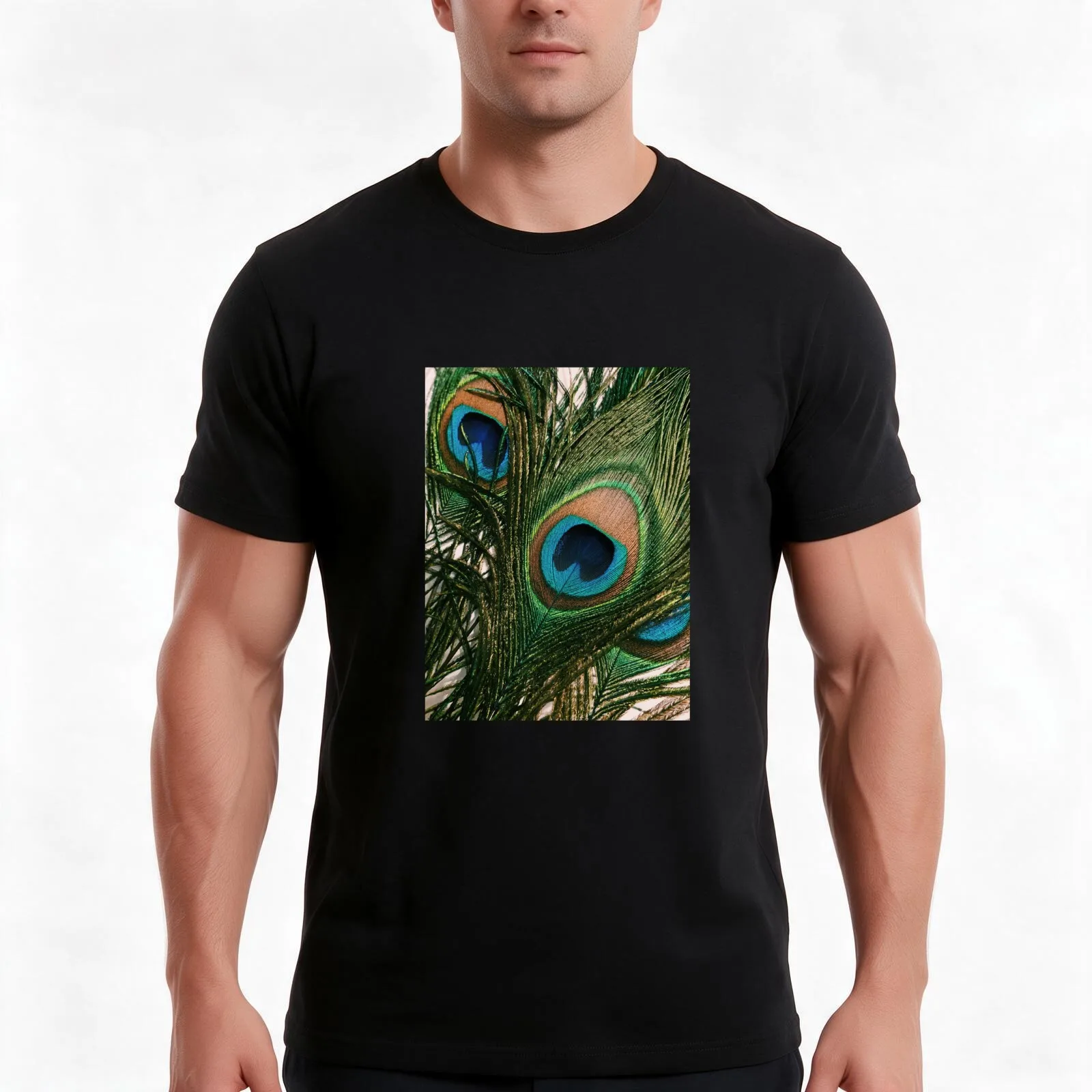 Vibrant Peacock Feather T-Shirt, Summer Casual Cotton Tee, Oversized Streetwear Tops, Vintage Graphic Print, Unisex Men Women