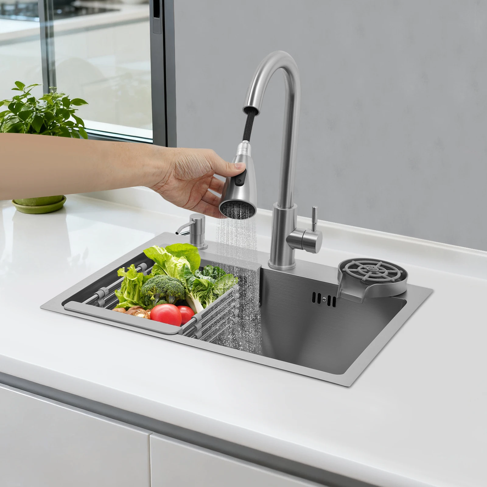 

Stainless Steel Kitchen Sink Set - Pull-Out Faucet with Cup Washer & Soap Dispenser (Silver)