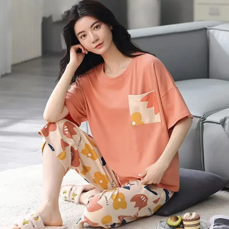 Summer Women Pajama Sets Cartoon Print Sleepwear Short Sleeve+Pants 2Pcs Suit Loungewear Casual Home Clothing Female Homewear