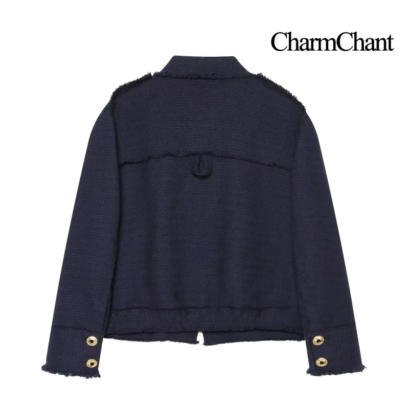 CHARMCHANT Women's Lapel Collar Frayed Edge Tweed Cropped Jacket Zip‑up Outerwear For Daily Commute Wear Autumn 2026