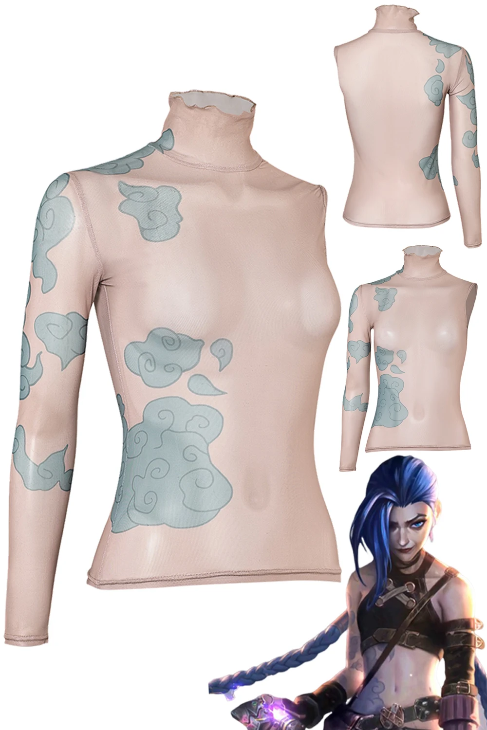 Fantasia Arcane Jinx Cosplay Tattoo Printed Shirt 2024 Game LoL TV 2 Disfraz Costume Women Female Halloween Carnival Party Cloth