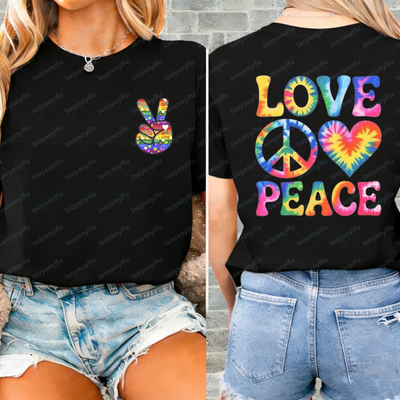 Peace Sign and Heart Tie Dye Love Peace Print Unisex Cotton T-Shirt Summer Casual Vintage Classic Fashion Clothes for Women Men