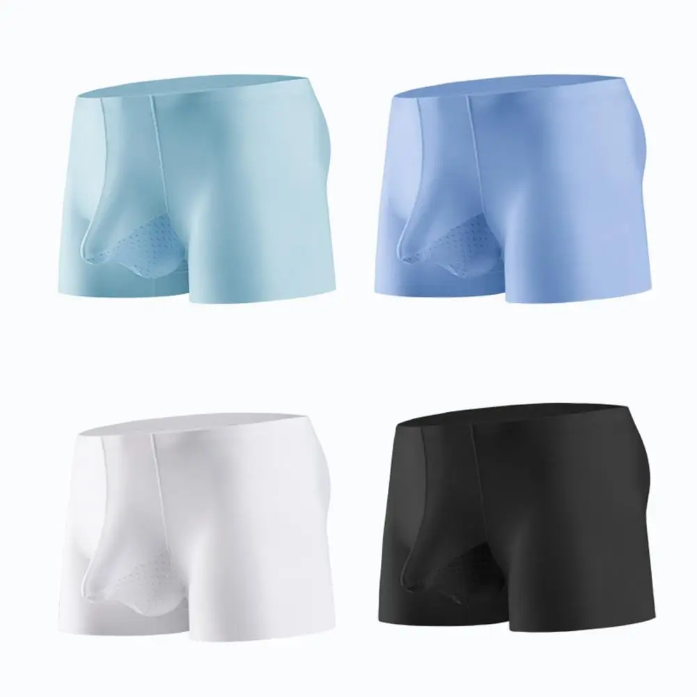 Men Summer Shorts Briefs Mid-rise Elastic Waist Thin Underwear Transparent Seamless Solid Color Quick Drying Shorts Panties