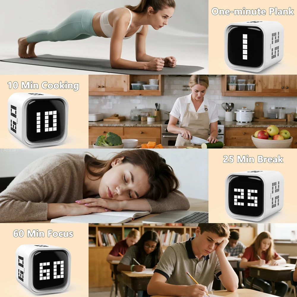 مؤقت بومودورو المكعب القابل للتعديل - عد 5/25/10/60 دقيقة، إعدادات - إيقاف مؤقت، استئناف، مؤقت إنذار صامت، اهتزاز وصوتي