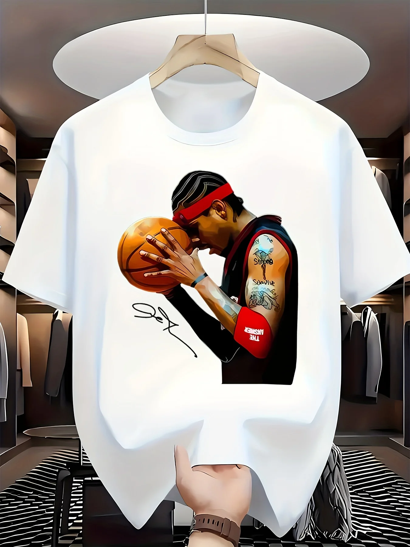 Men's Basketball Themed Printed T-Shirt - White Cotton Short Sleeves, Decorated with Red Headband Tattoo Player Pattern and Signature Printing, Loose Version - Suitable for Sports Fans and Daily Casual Wear, Large Size Optional