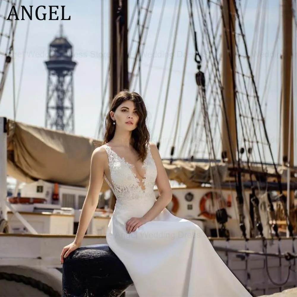 Anjo personalizado elegante a linha vestido de casamento para noiva trem varredura sem mangas apliques zíper vestidos de noiva novia