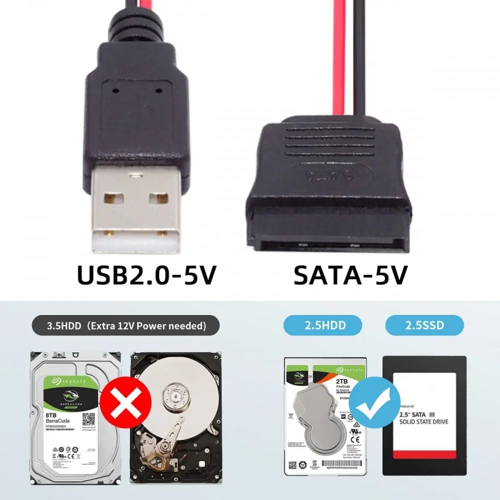 Cavo di alimentazione DC 5V singolo da USB a SATA 15 pin per driver disco SATA HDD SSD da 2,5 pollici 5V 2A Max