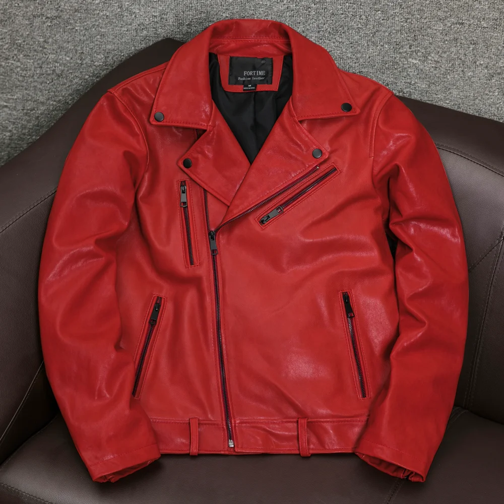 

YR!Free shipping.fashion red soft tanned sheepskin jacket.cool biker genuine leather coat.quality slim classic rider leather