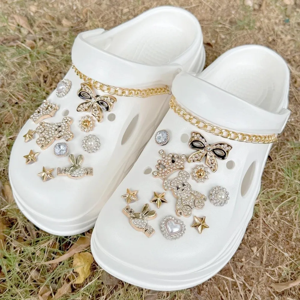 24PCS Luxury Design Shoe Charms Set Accessories for Clogs Shoe Buckle Gold Plated Bear Rhinestone Bow Chain DIY Shoes Decoration image 3
