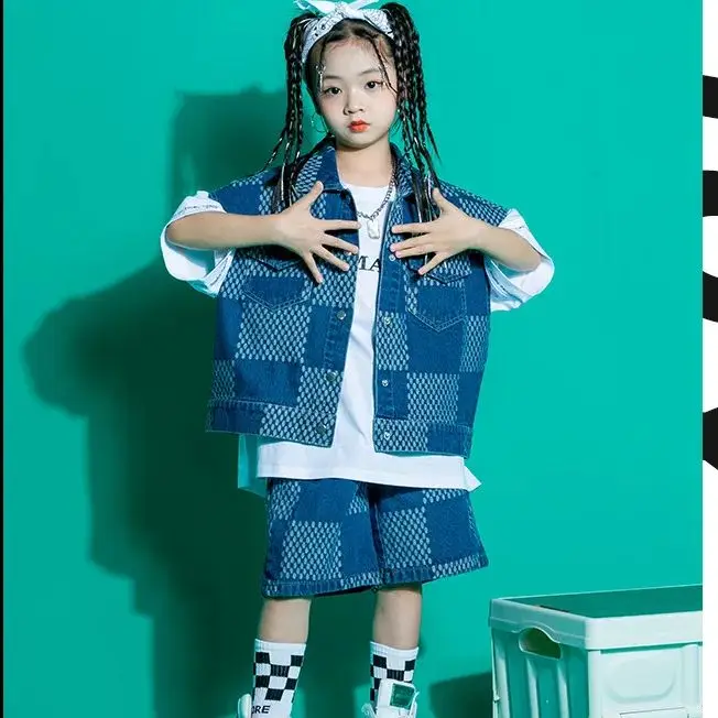 Junge Mädchen Jazz Dance Kostüme Schachbrett Denim Anzug Hip-Hop Street Dance Kleidung Ballsaal Tanzen Kleidung Bühne Outfits