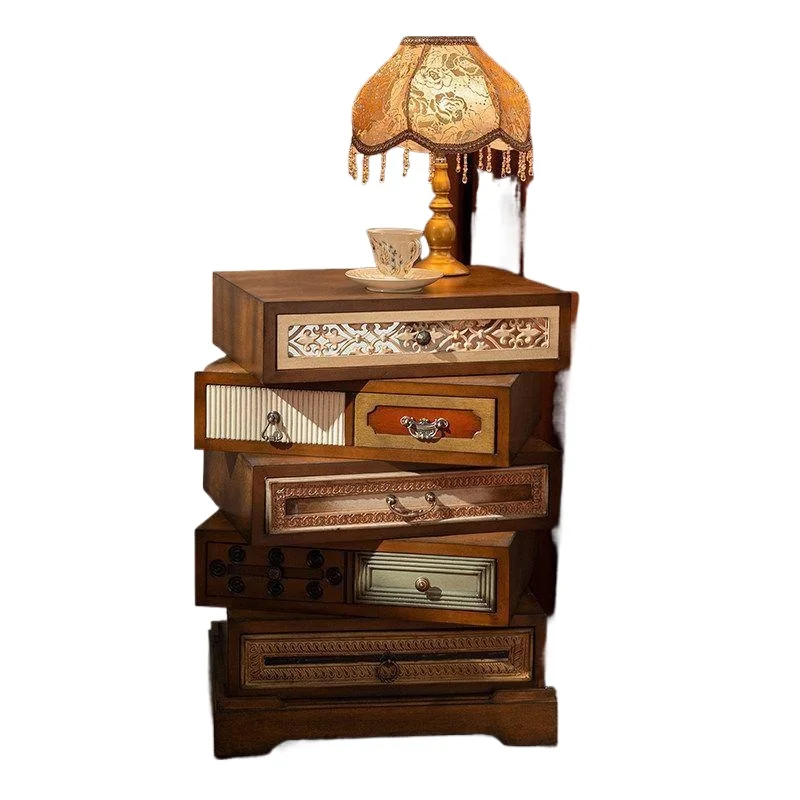 American retro rotating bedside table, medieval solid wood storage small apartment storage cabinet
