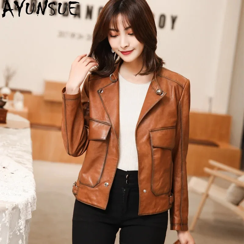 AYUNUNSUE-Jaqueta de couro de carneiro feminina, casual slim outwear, motociclista genuíno, real, moda coreana