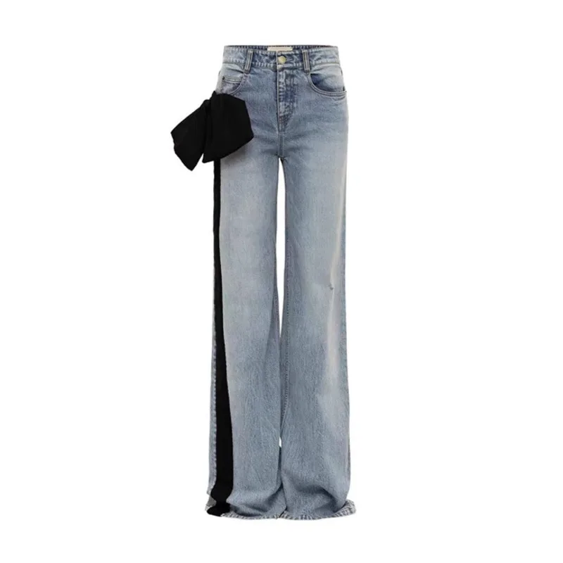 ANJY Autumn New Women Trendy Jeans Side Bowknot Contrast Color Patchwork Denim Temperament Stylish Versatile Casual Pants A10063