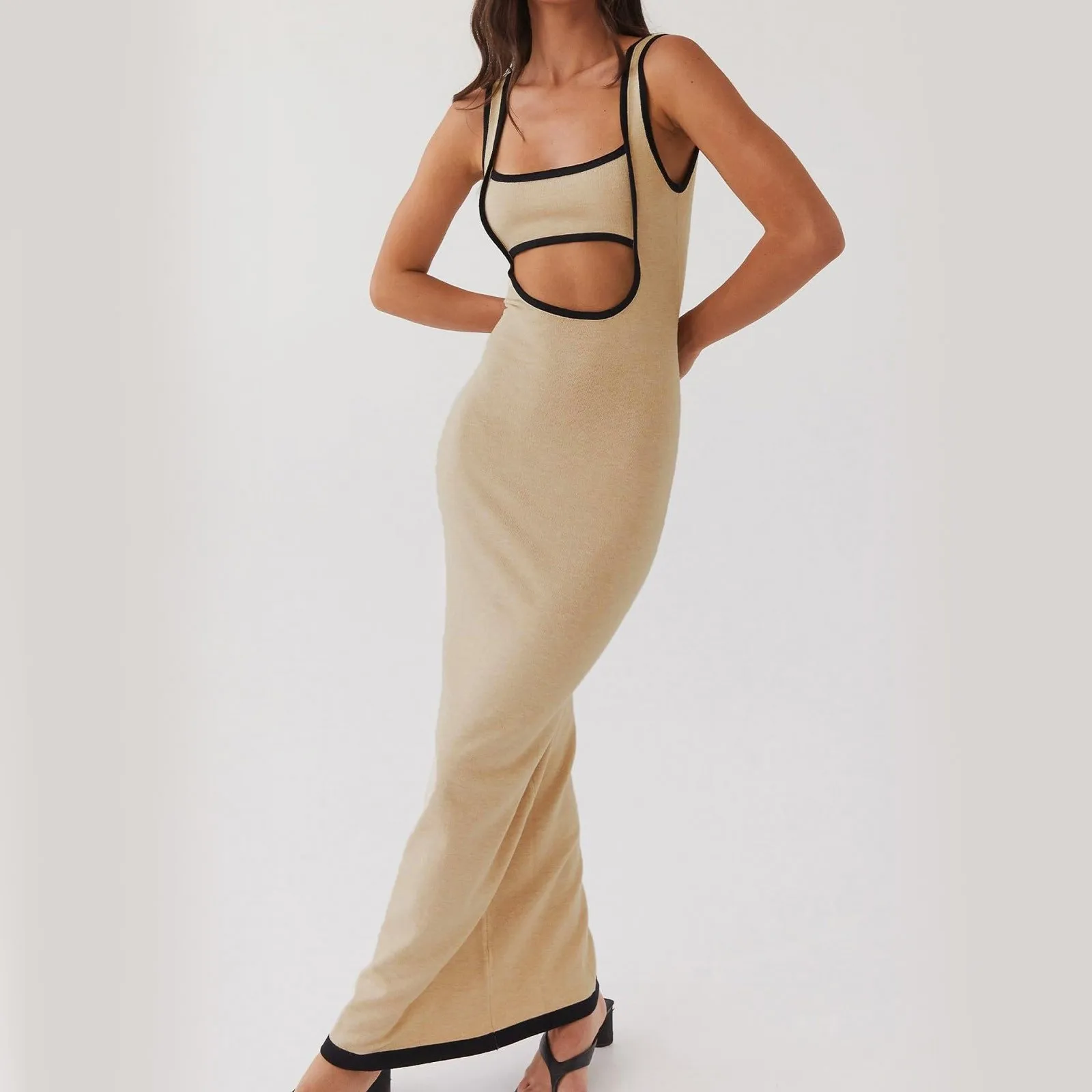 Women Slim Backless Beach Knitted Maxi Dress Long Dress Sleeveless Patchwork Hollow Out Wrapped Maxi Dress Summer Bodycon Dress