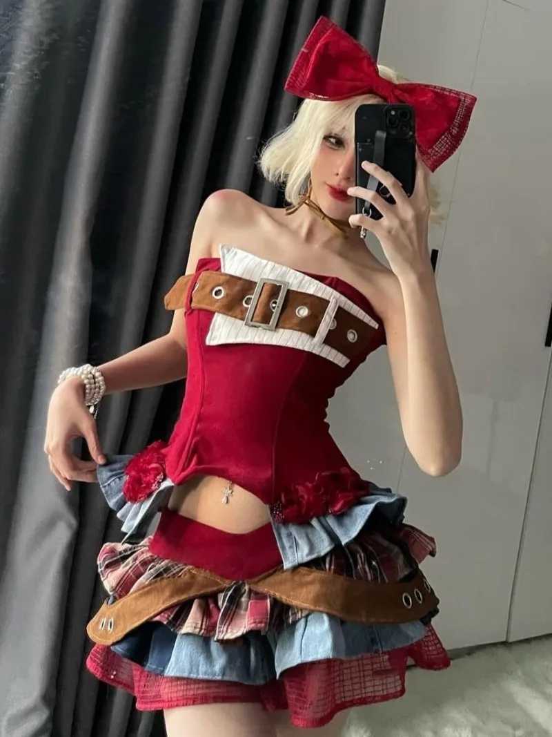 

Ретро красные лоскутные джинсовые топы без бретелек Kawaii Girl Летняя милая крутая сексуальная короткая юбка-тортик Комплекты из 2 предметов Женские праздничные подарки