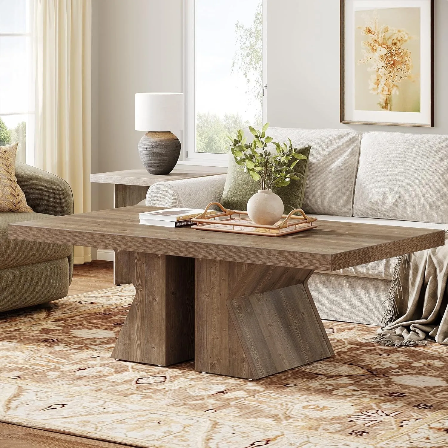# Coffee Table, 47-Inch Rectangular Center Table with Thick Base, Farmhouse Wood-Look Cocktail Table for Living Room