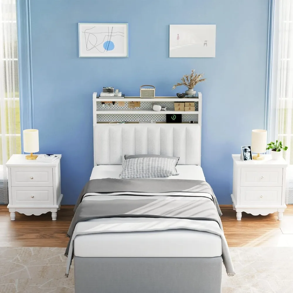 

Twin or Twin XL Size Headboard, Adjustable Upholstered Headboard with 3 Tier Shelves and Pegboard with Charging Stations