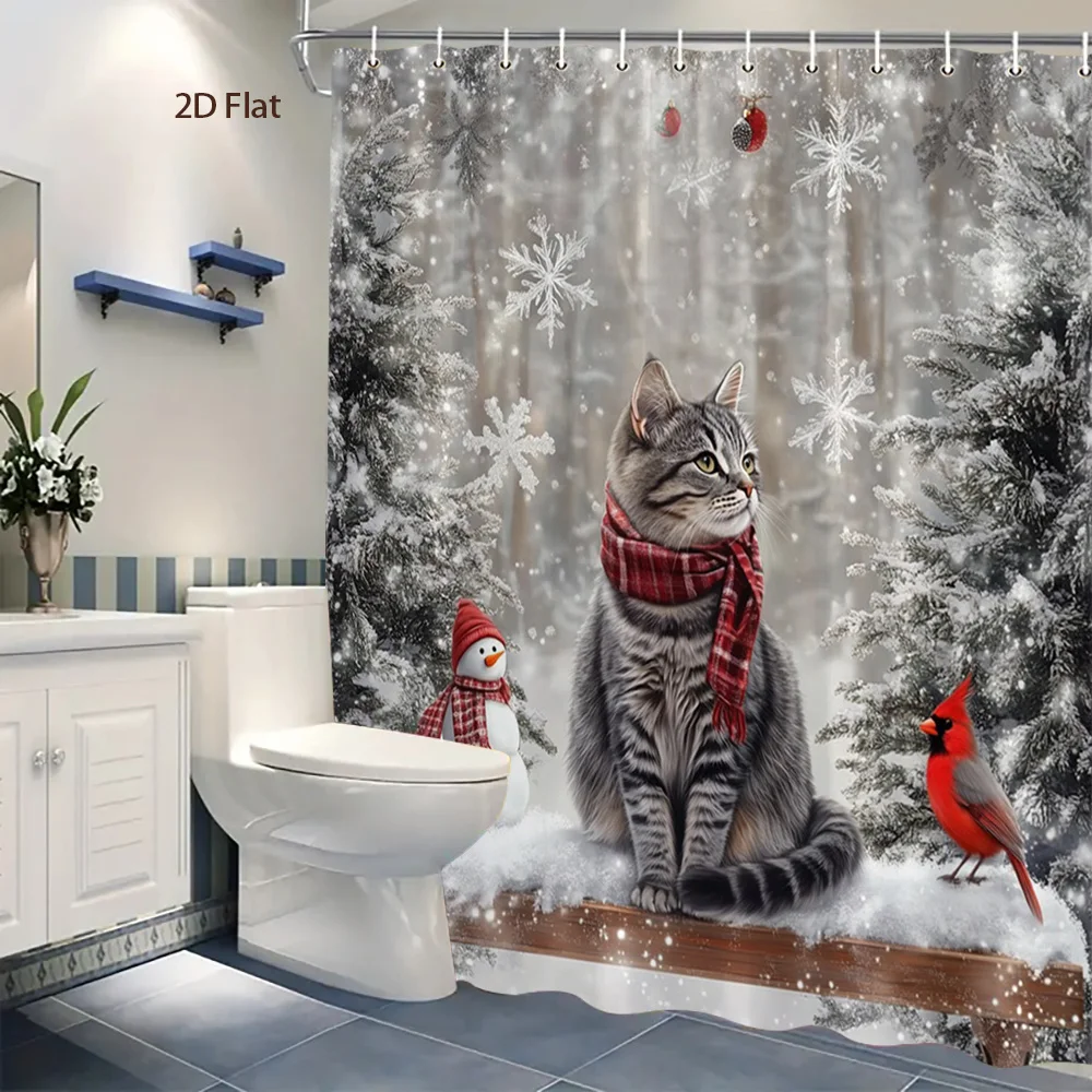 1pc 2D Flat Christmas Shower Curtain, Snow Scene with Snowman and Cardinal, With Hooks, Bathroom Decor