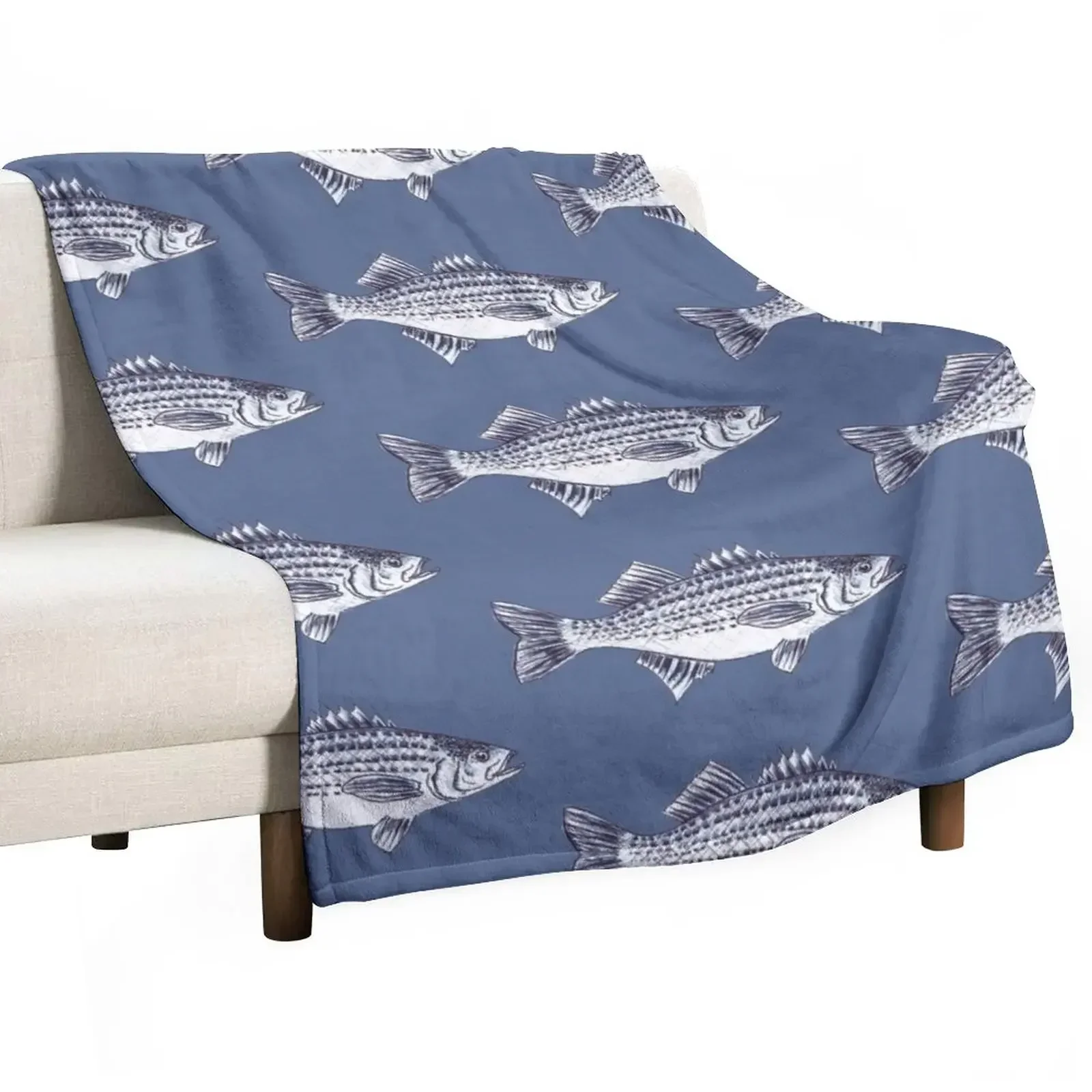 Striped Bass Fish Walter in Slate Blue Throw Blanket Giant Sofa Multi-Purpose Travel Soft Plaid Blankets