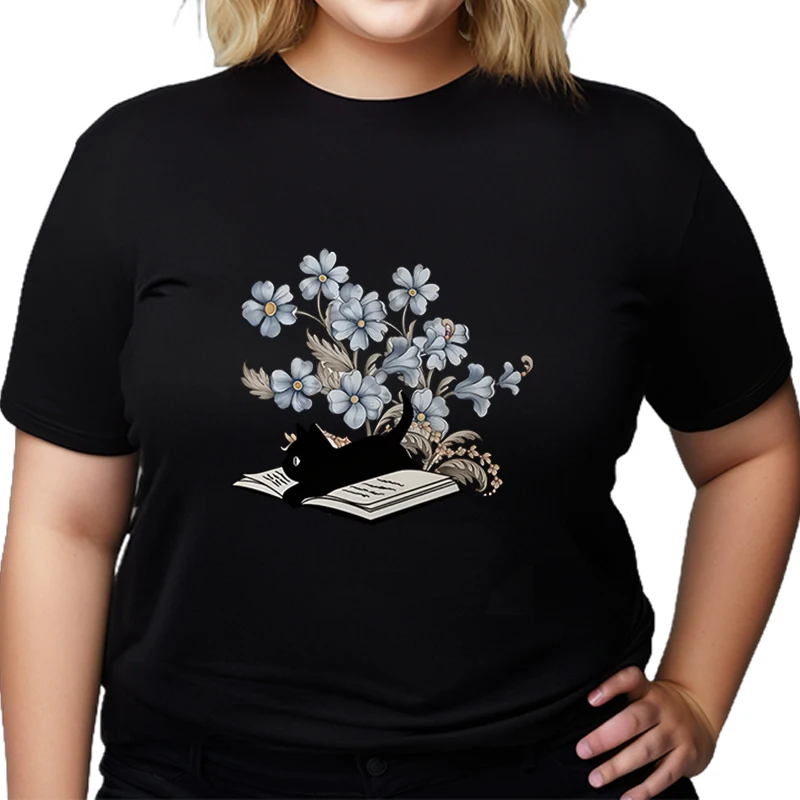 Women's Pluse Size T-shirt Black Cat Read Books Round Neck Casual Tops Flowers Print Cute Cat Top Women Book Reader Big Size T