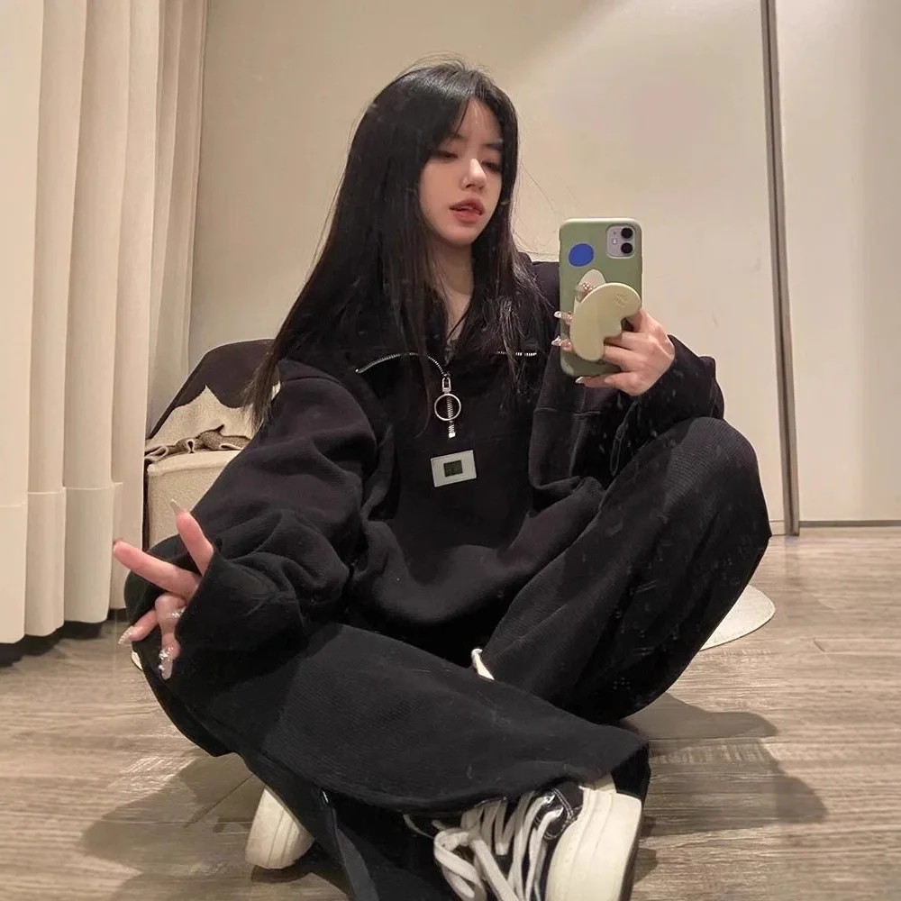 

2025 New Autumn Thick Women's Casual Sportswear Set Winter Korean Fashion Loose Hoodie Sweatshirt Tops and Pants Two-Piece Set