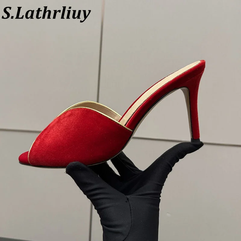 New Solid Color Suede High-Heeled Slippers Women Lazy Open Toe Sandals Summer Elegant Dress Shoes Versatile Single Shoes Pumps