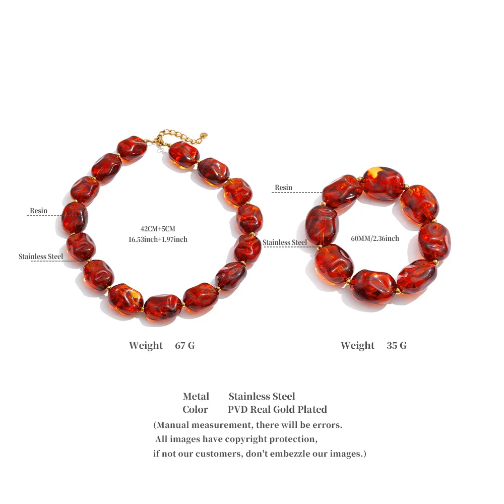 Amber Beige Acrylic Resin Beaded Jewelry Set: Necklace Bracelet Bangle