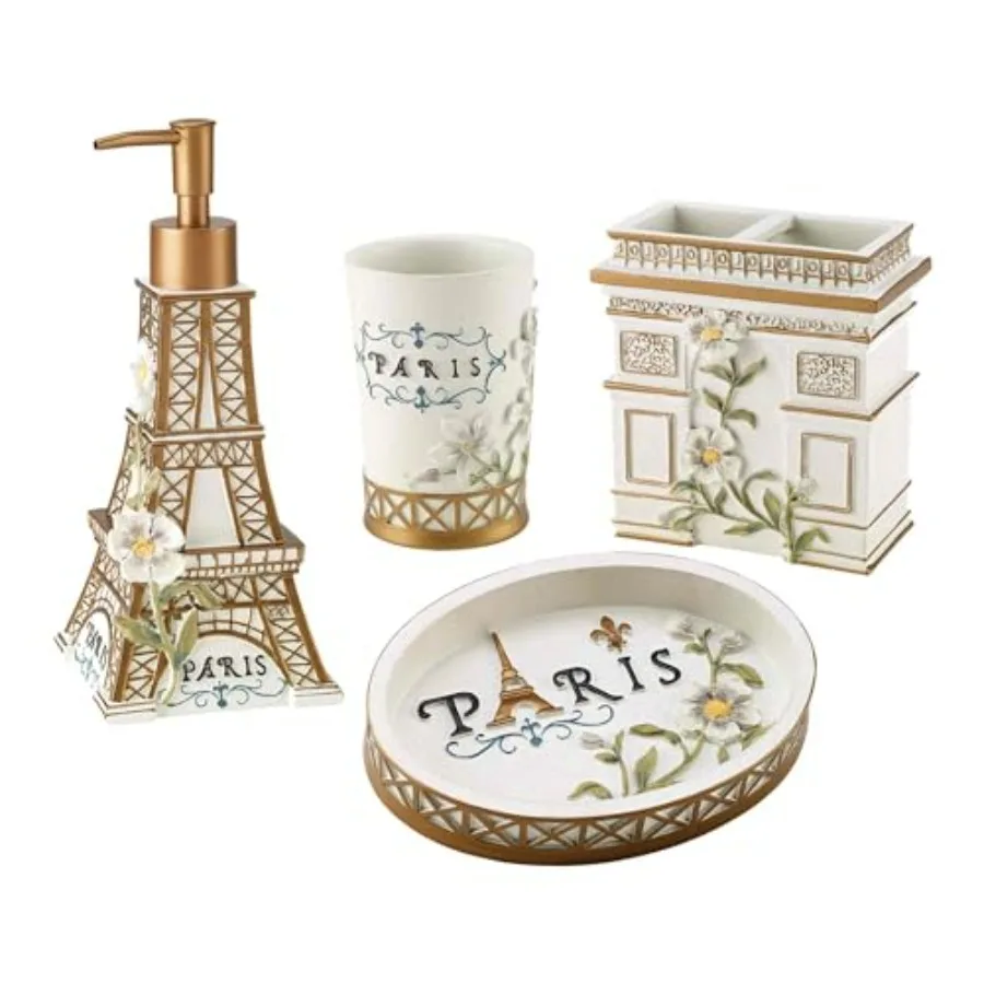 

Bathroom Set Hand Painted Resin Countertop Accessories Chic Home Decor Set of 4 Paris Botanique Collection