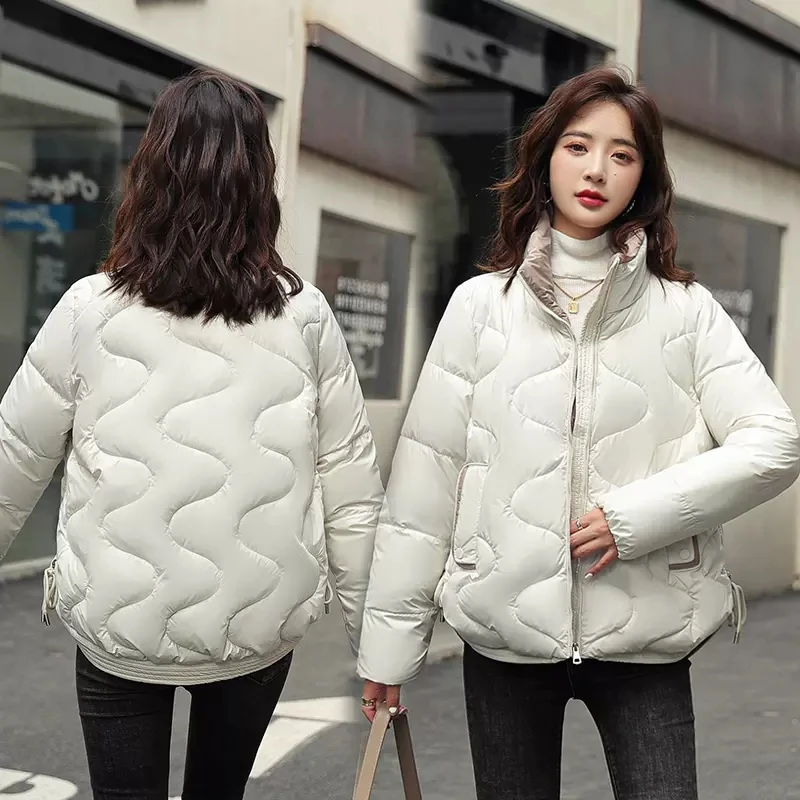 2025New Winter Jacket Parkas For Women Glossy Down Cotton Coat Stand Collar Parka Warm Female Padded Chic Vintage Casual Outwear