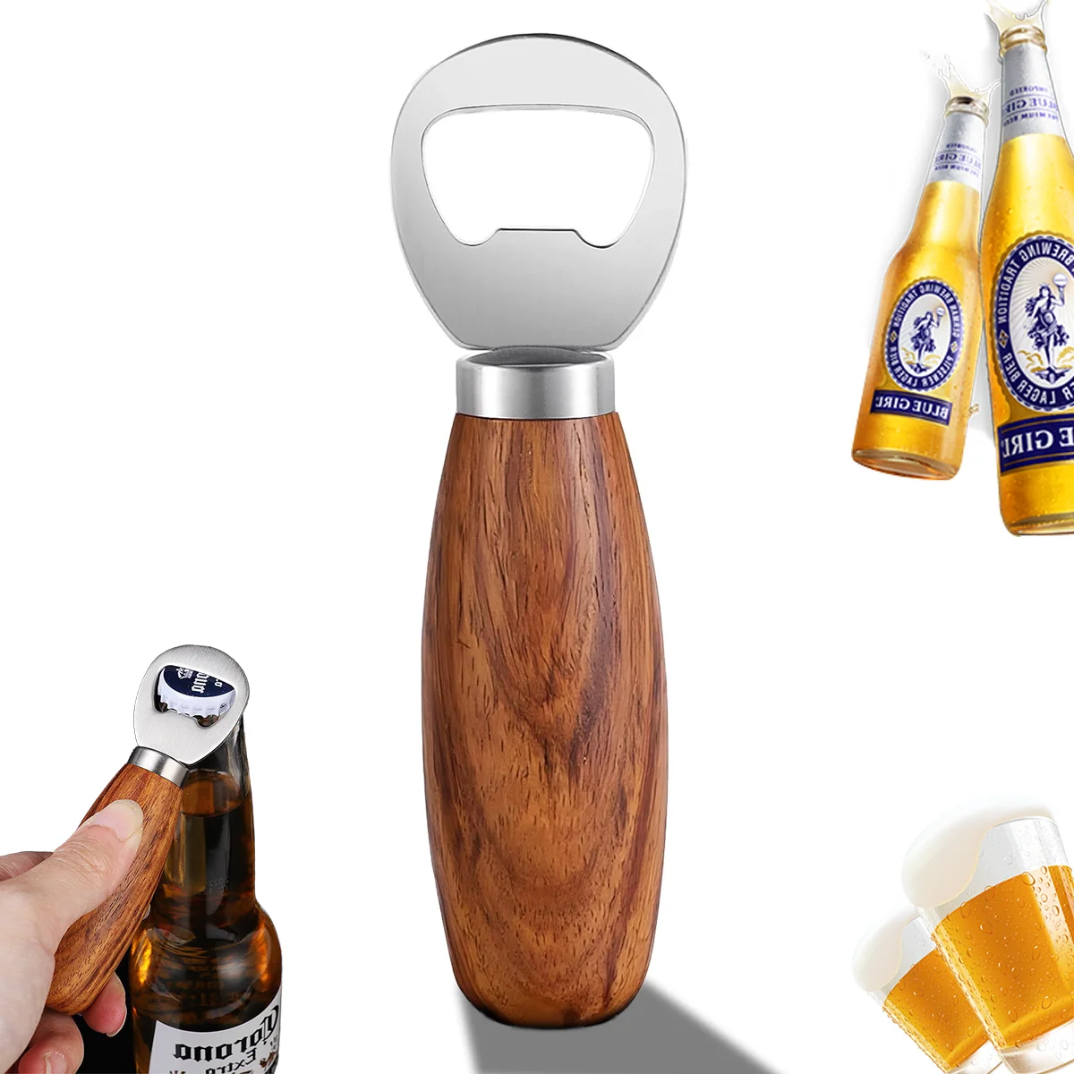 Leeseph Stainless Steel Beer Bottle Opener with Wood Handle, Pop Soda Bottle Openers Cider Bottle Opener, for Home Party Bar