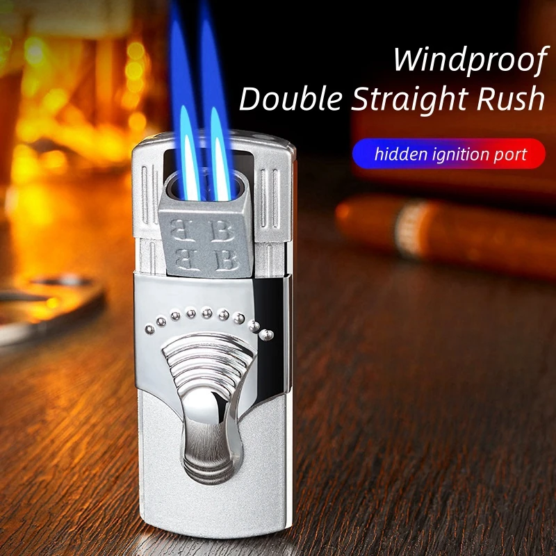 New Windproof Dual Straight Jet Torch Lighter Hidden Ignition Port Heat-resistant Flame Nozzle Inflatable Lighter for Men's Gift