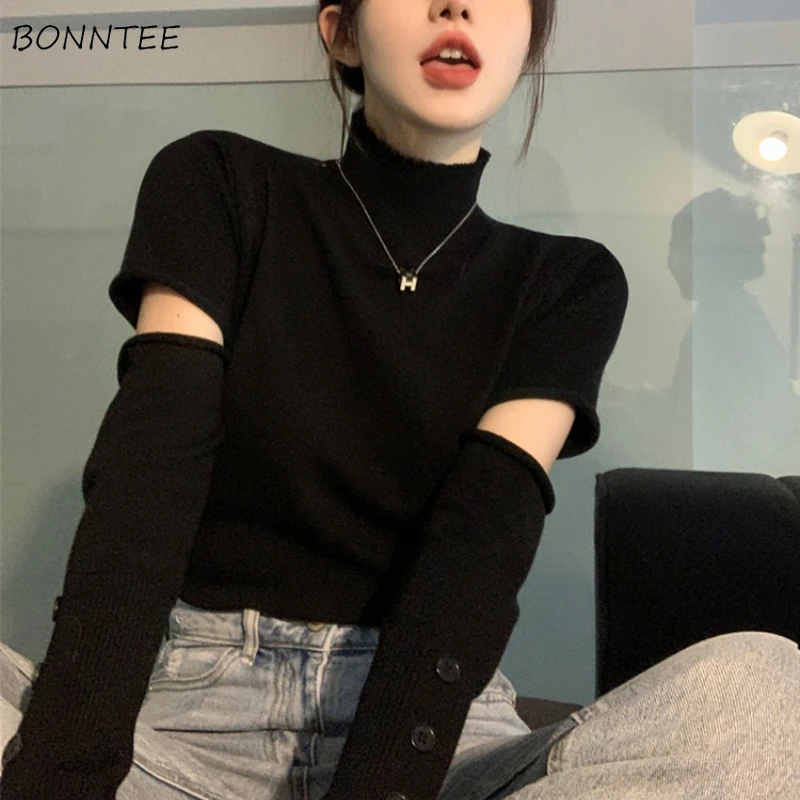 

Pullovers Woman Spliced Fashion Solid Half High Collar Casual Office Ladies Slim All-match Streetwear Korean Style Simple Autumn