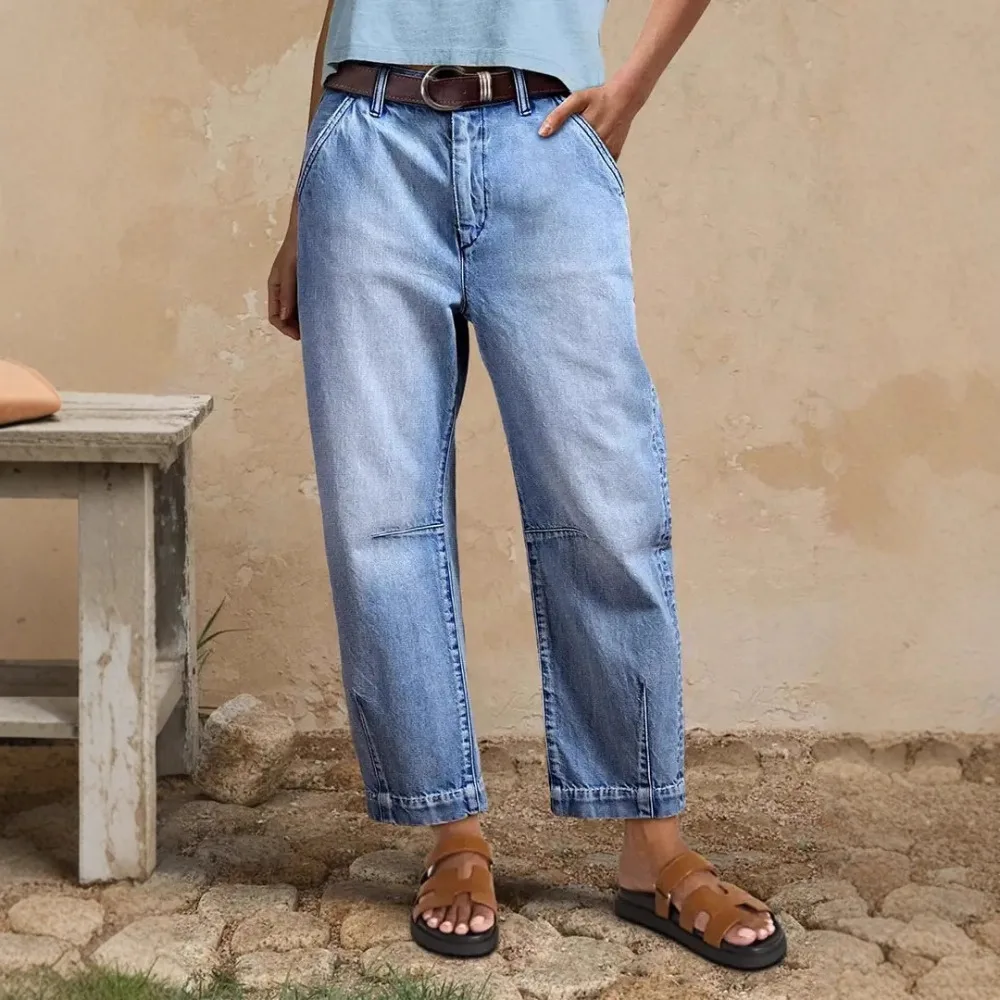 

Women's Vintage Light Wash Denim Straight Cropped Pants High Waist Loose Wide Leg Slim Side Pocket Casual Daily Jeans Trousers