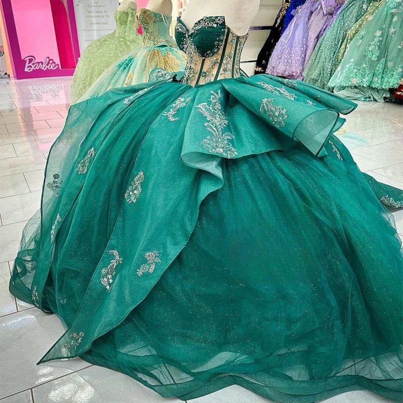 ANGELSBRIDEP-vestido de baile verde esmeralda, vestidos de quinceañera, corsé con apliques y cuentas, vestidos formales elegantes para graduación, personalizados