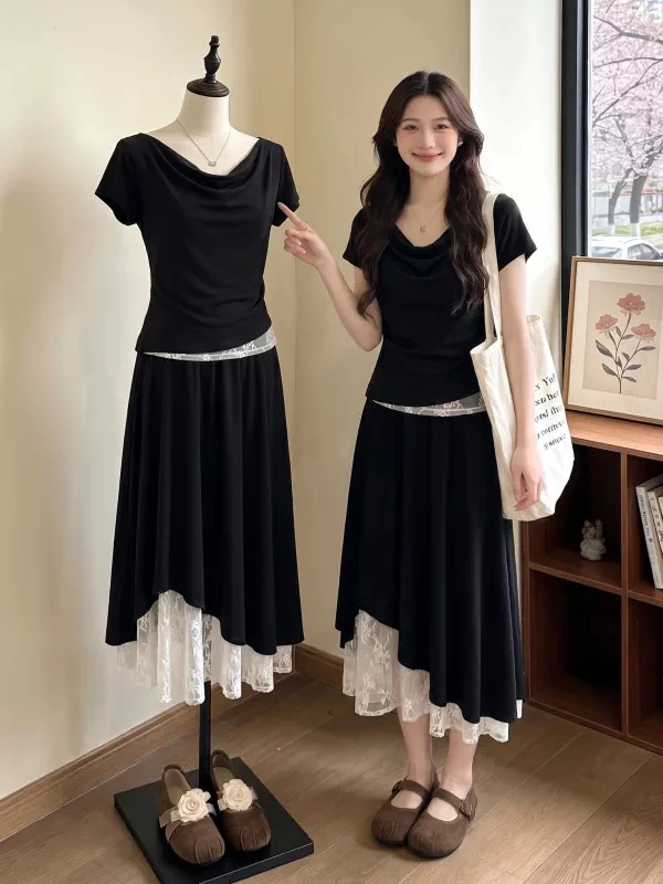 

plus Size Summer Casual Slimming Lace T-Shirt High Waist Skirt Fashionable Two-Piece Set Women's Clothing Korean Style