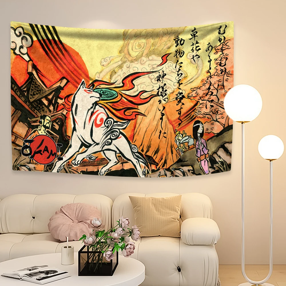 Okami Game Tapestry Огненный Волк и Солнце Художественный Флаг Цифровые Принты Настенное Покрытие Для Спальни Общежития Дома и Сада Декор