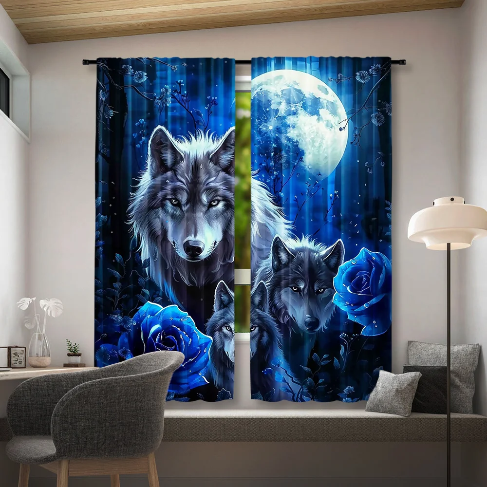 Wolf-Themed Polyester Pongee Room Darkening Curtains 2pcs Set - Contemporary Semi-Sheer Rod Pocket Drapes for Bedroom, Living Ro