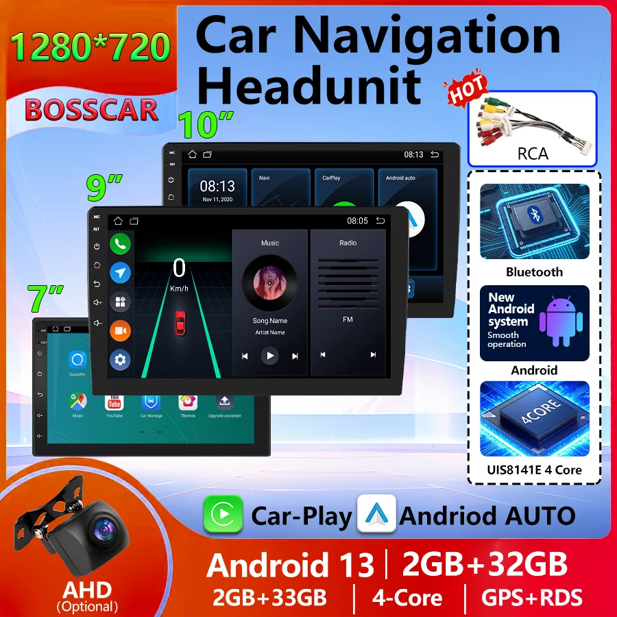 

4core 8core 7inch 9in 10" 1080HD Touch Universal car screen With Android Auto Wireless CarPlay Waterproof Night Vision Cam 2din