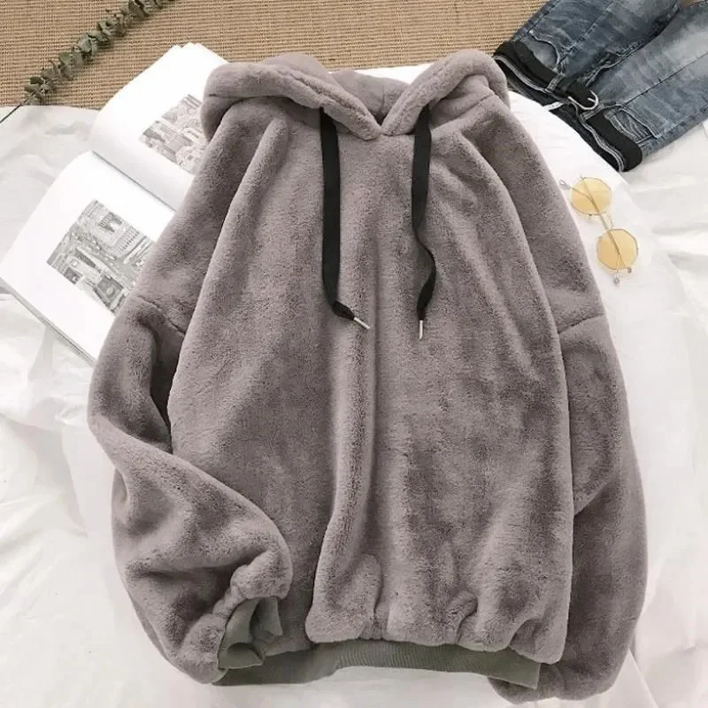 Women\'s Warm Fleece Hoodies Autumn Winter Thickened Plush Sweatshirt Tops Solid Color Loose Casual Pullover Female