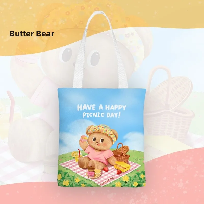 Cartoon Butter Bear Canvas Bag Single Shoulder School Bag Tutoring Class Handbag Foldable Medium Hardness Daily Use Women's