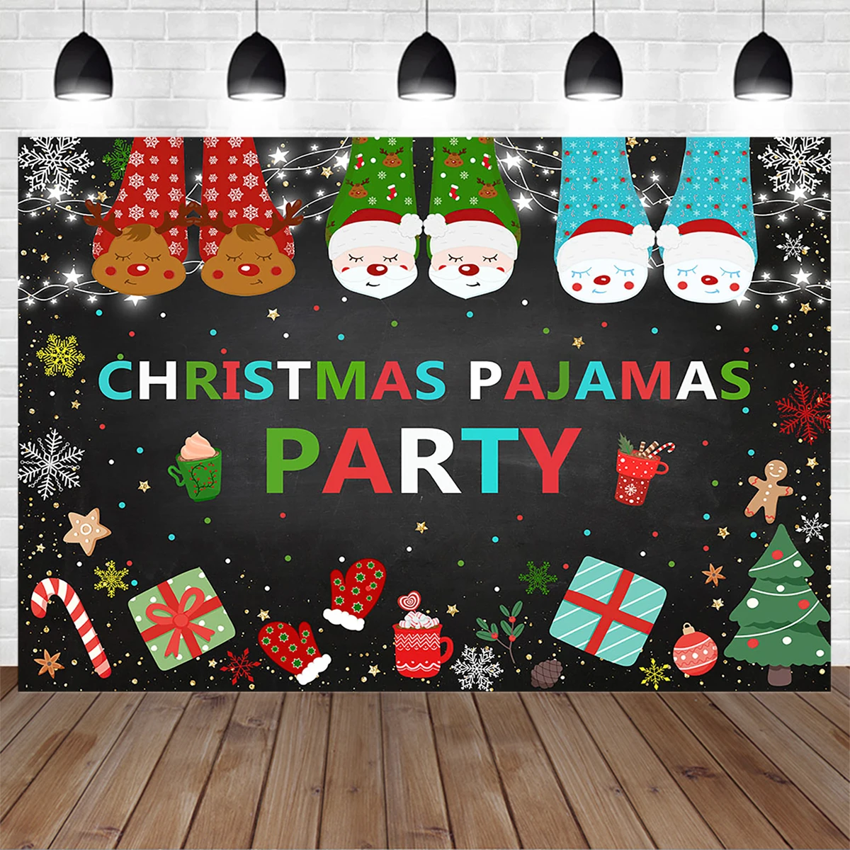 

Christmas Pajamas Backdrop Santa Claus Snowman Candy Snowflake Gift Silver Black Background Children Family Indoor Photo Studio