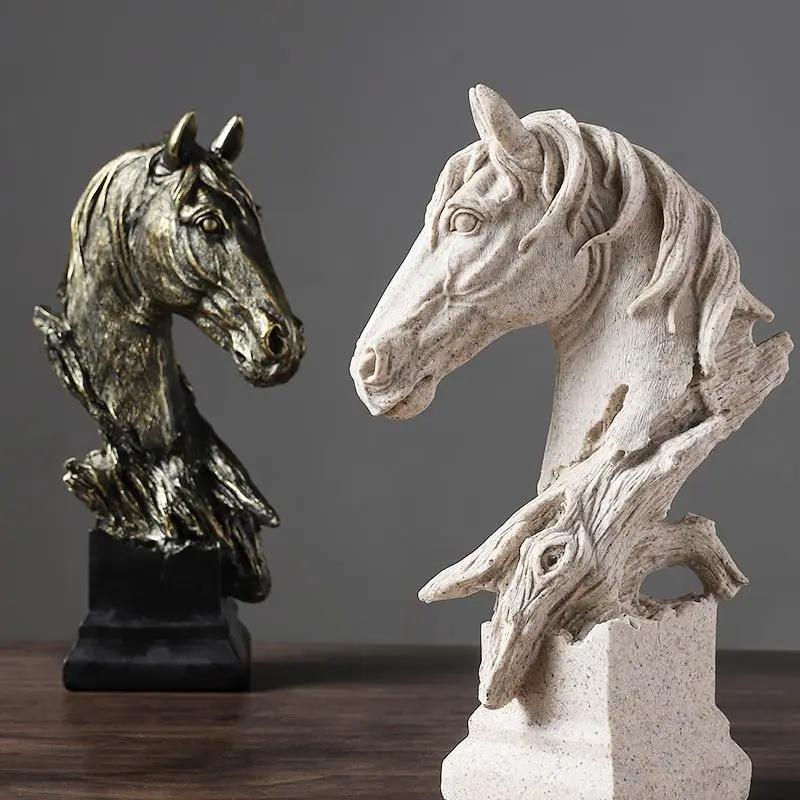 Retro Horse Statues Chinese Fengshui Figurines Resin Horse Head Sculptures Office Cabinet Desktop Decor Friend's Gift