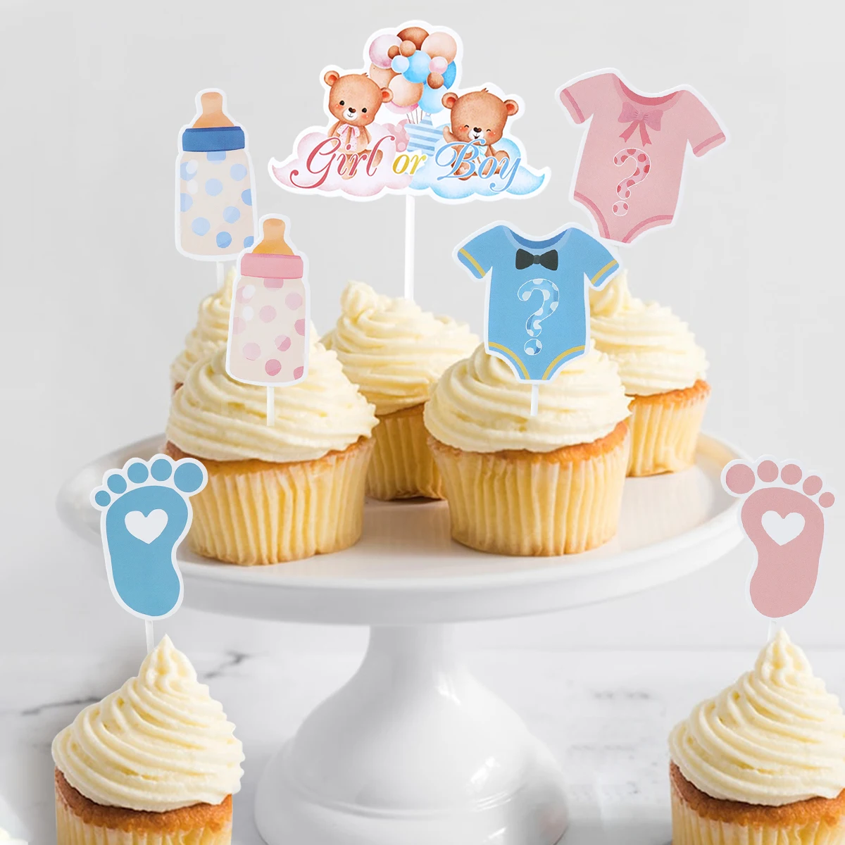 12pcs Boy or Girl Cupcake Toppers Glitter Onesie Jumpsuit Baby Shower Kids Birthday Gender Reveal Party Cake Decorations Supplie