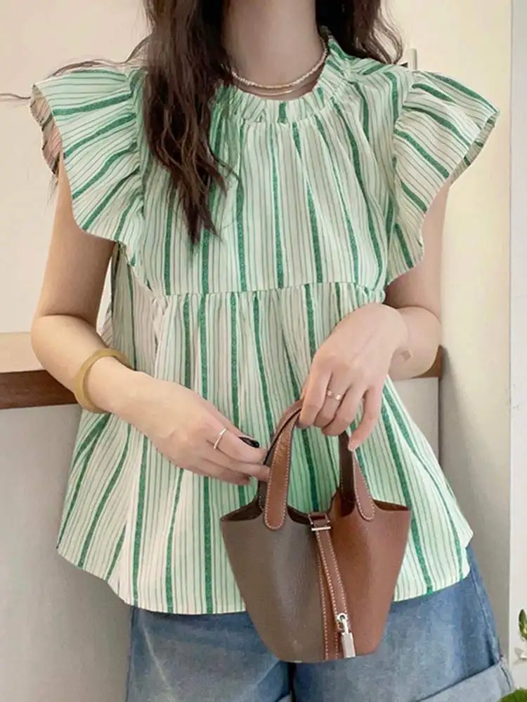 ZANZEA Women Vintage Stripe Print Tops 2024 Sweety Fungus Edge Shirt Elegant Office Blouse Fashion Autumn Flare Sleeve Blusas