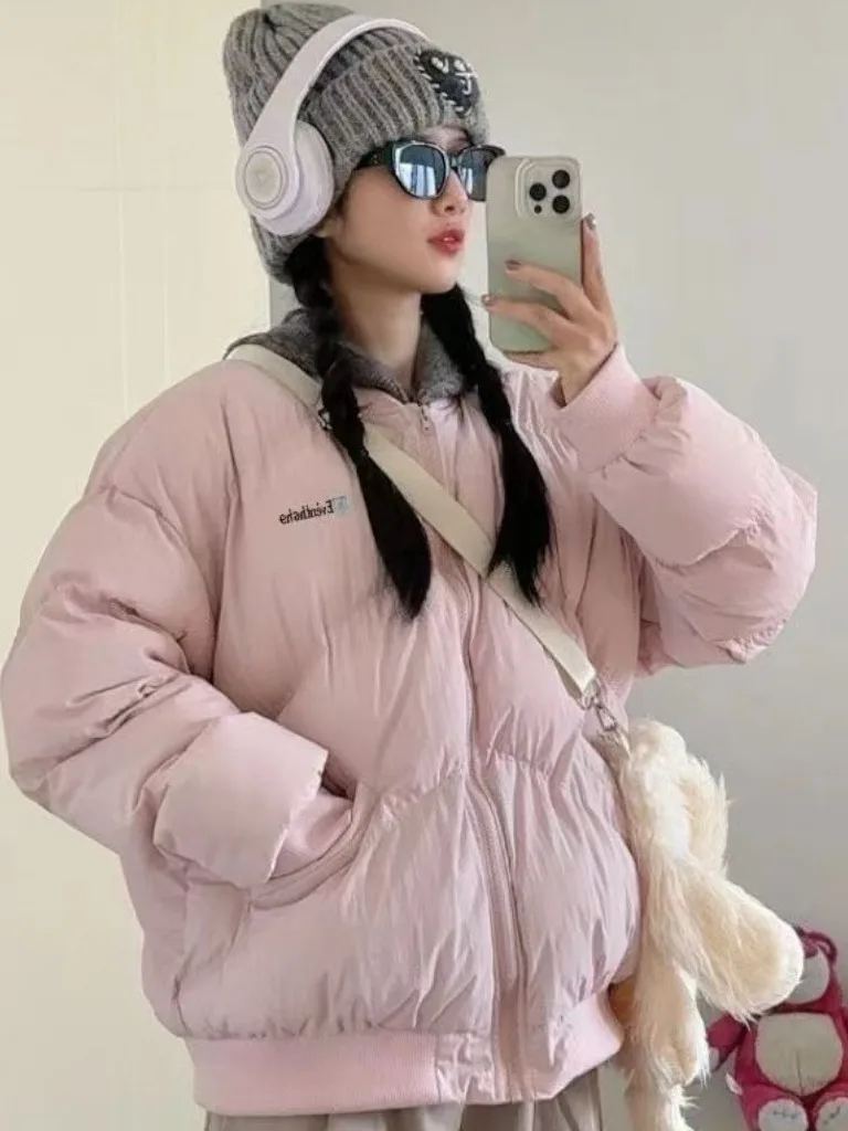 

Розовое хлопковое пальто для женщин на осень-зиму, теплое, свободное, универсальное, удлиненное, на молнии, для повседневной носки