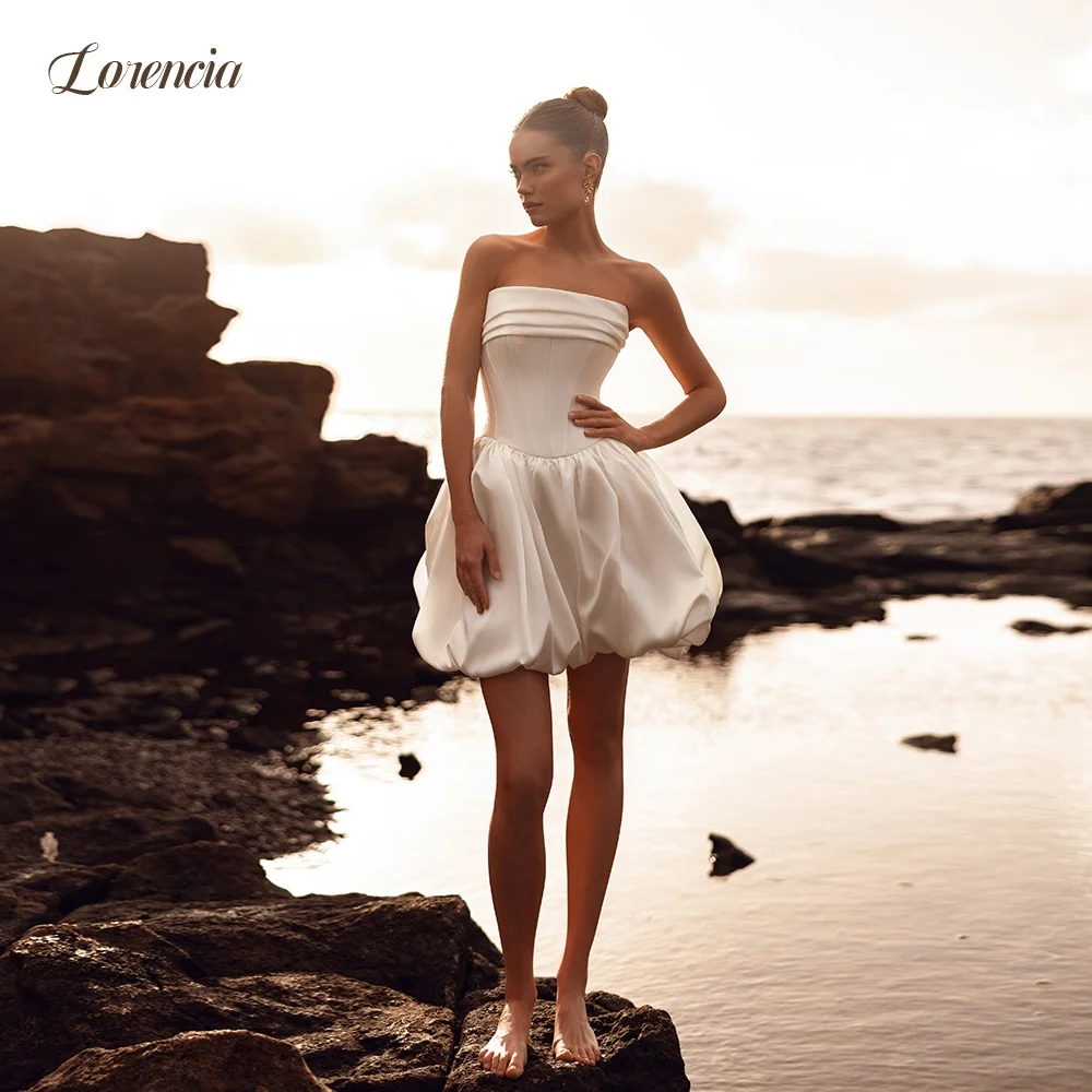 Lorencia Modern Short Satin Wedding Dresses Strapless Boned Corset A-Line Mini Bridal Gowns Customized Civil Bride Dresses