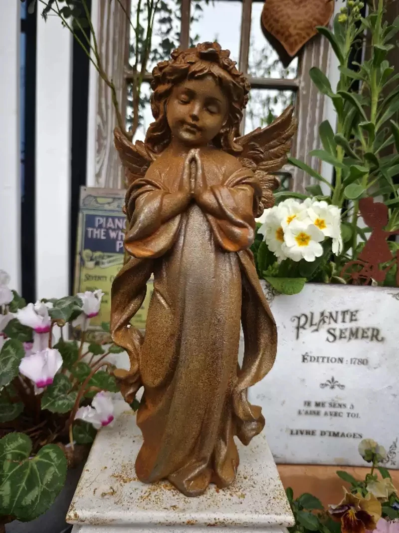 

Hand Cast Iron Rustic Praying Angel Garden Sculpture Winged Angel Cherub Patio Ornaments Decor Religious Girl Boy Angel Statues
