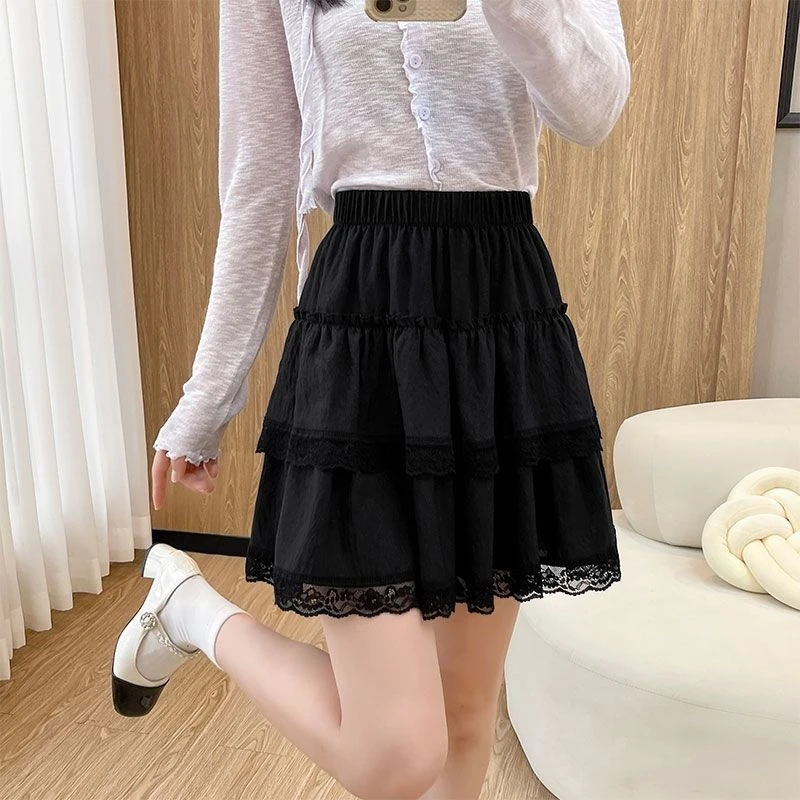 Sweet Korean Lace Patchwork Mini Skirts Women White Ball Gown High Waist Y2k Clothes Slim Short Pleated Black Skirt with Shorts
