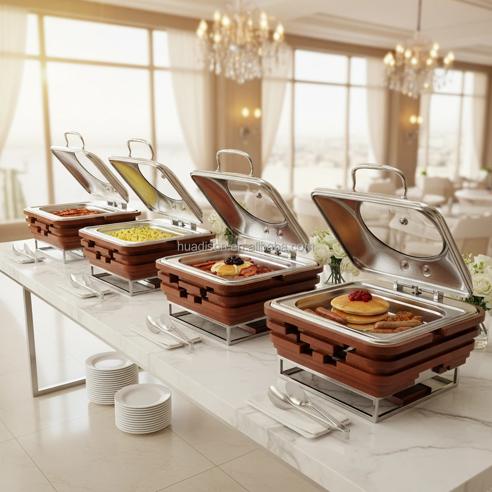 Huadison Catering Equipment Electric Buffet Food Warmer Stainless Steel Square Wood Base Chafing Dish Buffet Set